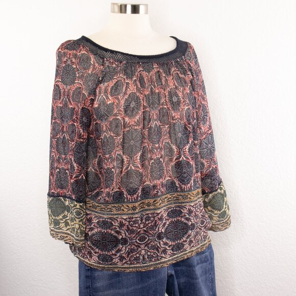 Plenty by Tracy Reese Boho Sheer Blouse Women’s S Gauze Batik Print Crochet Trim - Picture 3 of 13